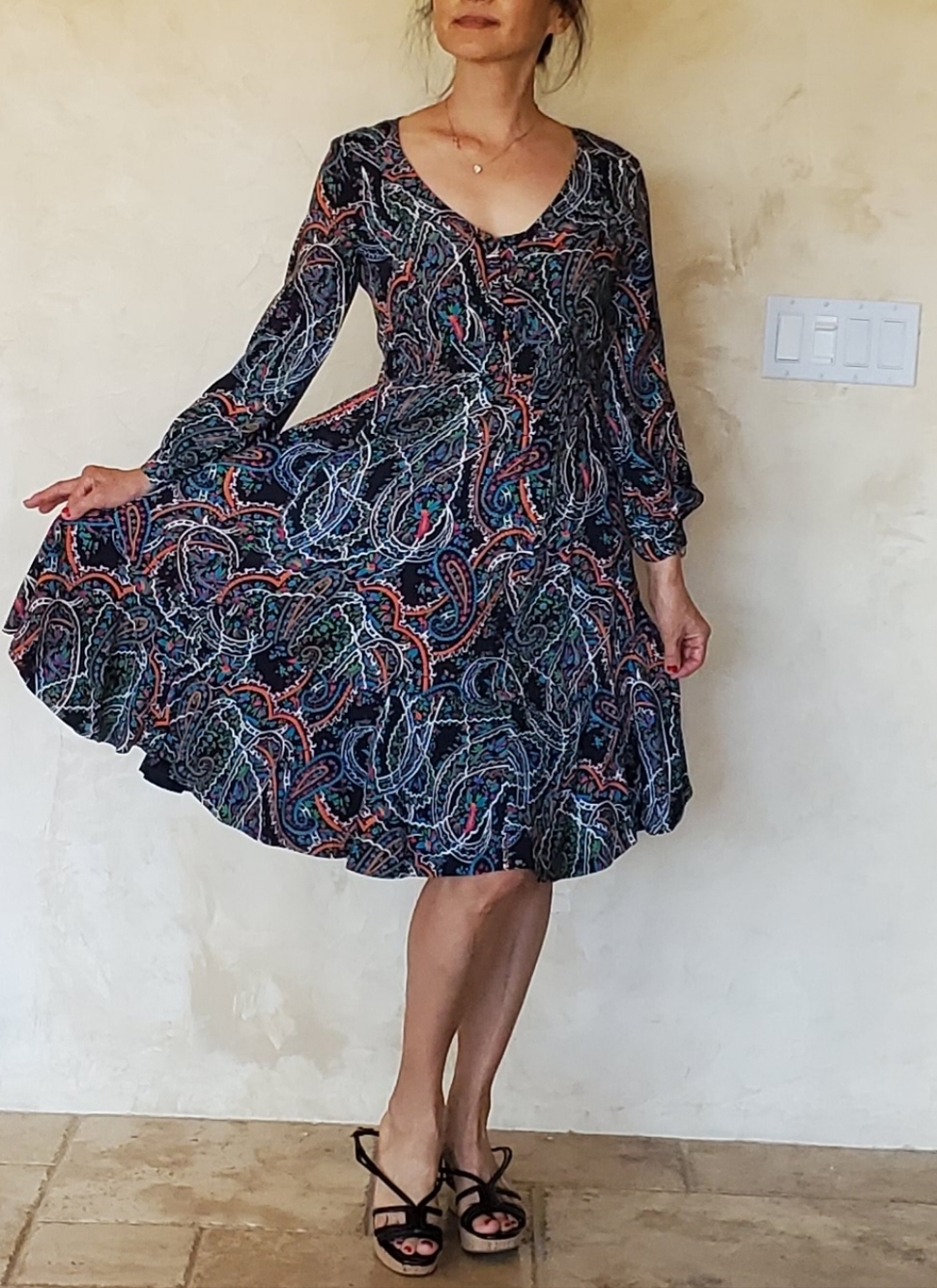 Maeve Navy Paisley V-Neck Long Sleeve Swing Dress